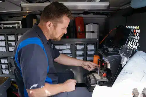 cutting a key inside a Noble locksmith van